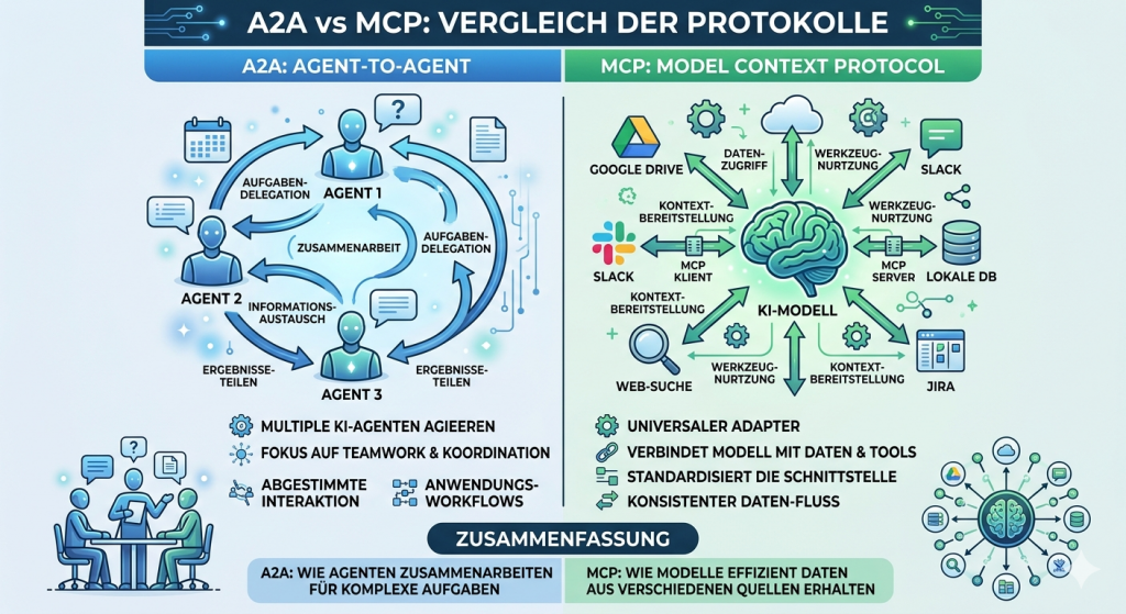 Infografik vergleichende Darstellung der KI-Protokolle A2A und MCP